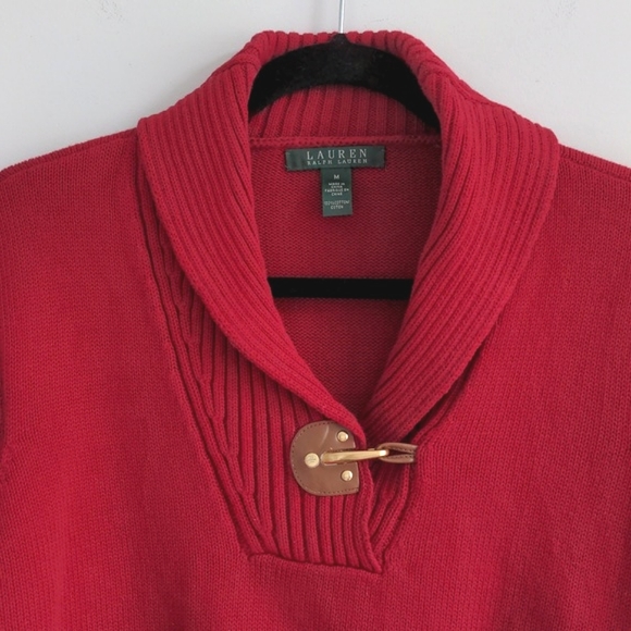 LAUREN RALPH LAUREN | 100% Cotton Sweater V-Neck Long Sleeves, Red, Womens M - Picture 3 of 11